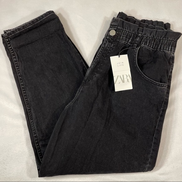 NWT Zara Black Elastic Paper Bag Waist Ultra High Rise 100% Cotton Jeans Size XL - Picture 8 of 16